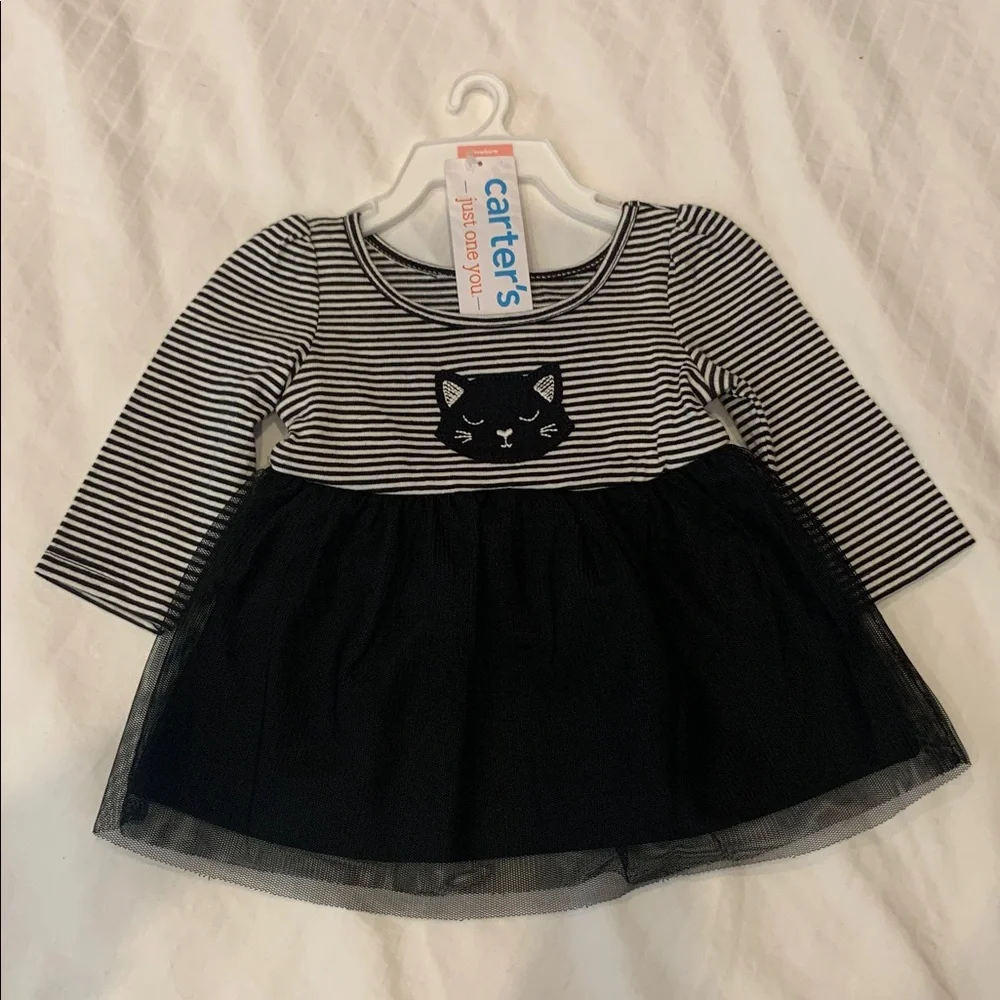 🖤 NWT Striped Cat Dress w/ Tulle Skirt & Diaper Cover - Carter’s - NB 🖤